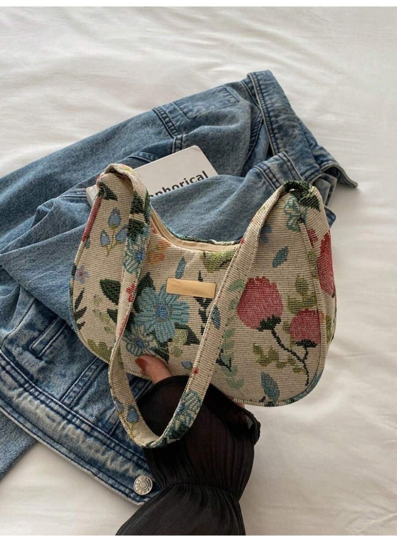 Women’s Vintage Floral Shoulder Bag – Retro Tapestry Fabric Handbag with Crescent Shape - Image 1